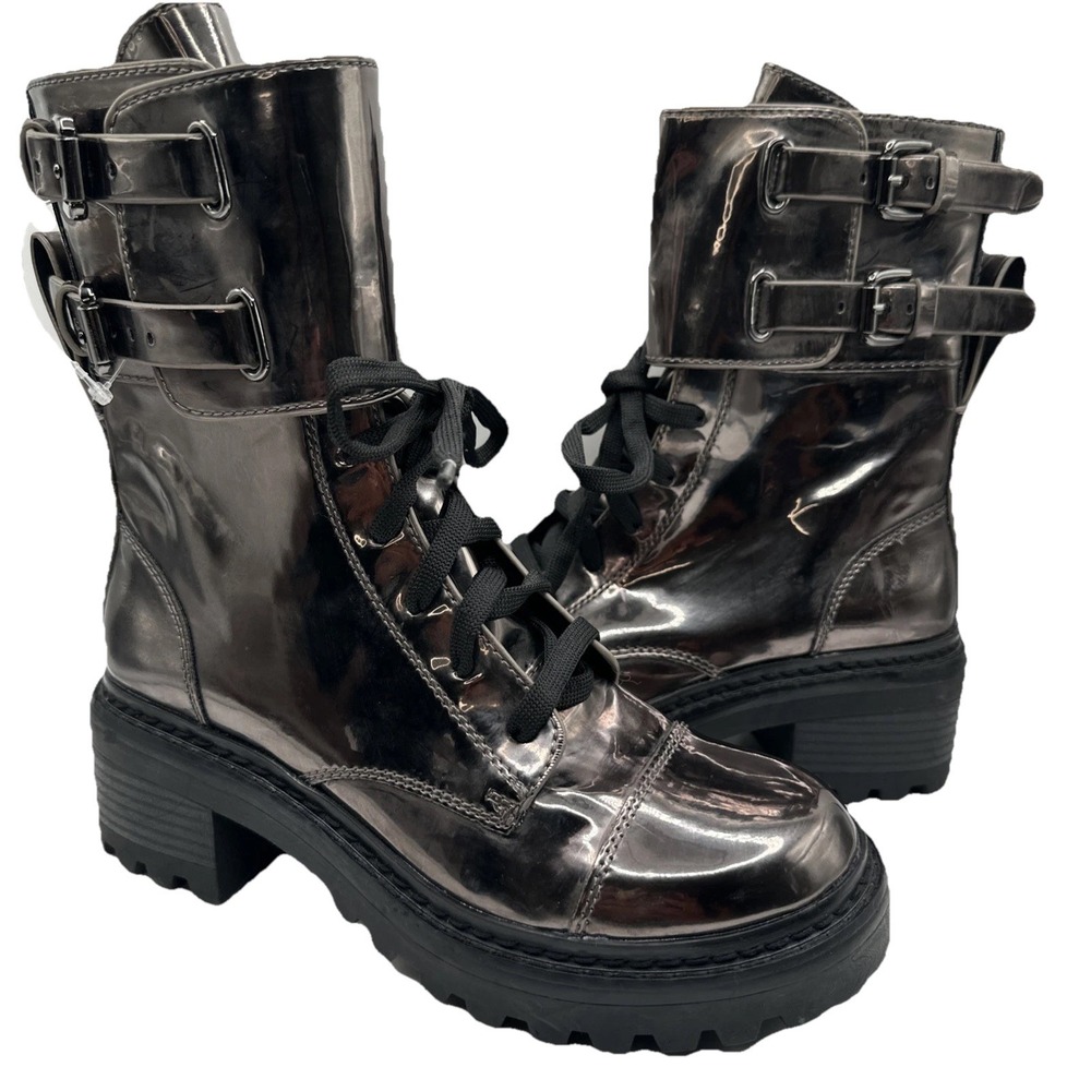 NEW DKNY Combat Boot Size‎ 6 Bart Bootie Glossy Gunmetal Side Zip Buckle Sz 6